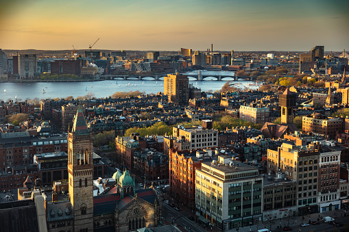 An aerial shot of the city of Boston taken at sunset.