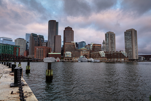 Boston harbor, Rowe's Wharf and the waterfront at sunrise