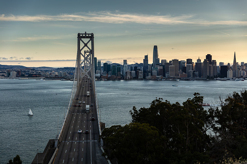 An aerial view of the San Francisco skyline seen from the San Francisco-Oakland Bay Bridge.