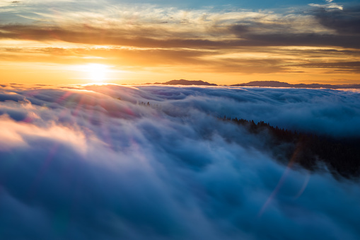 A scenic aerial shot of the clouds above a forest during a sunset in Occidental, California.