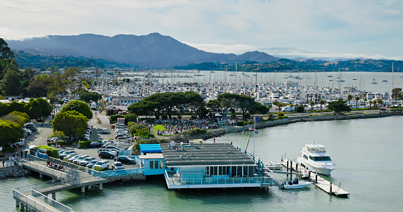 An aerial shot of the Sausalito Yacht Harbor during the day.