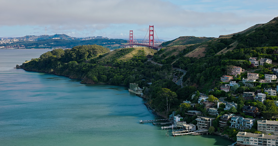 An aerial view of the Golden Gate Bridge visible from Sausalito.