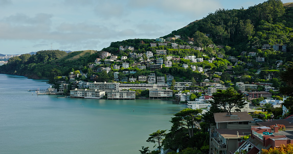 An aerial shot of the city of Sausalito, California, during the day.