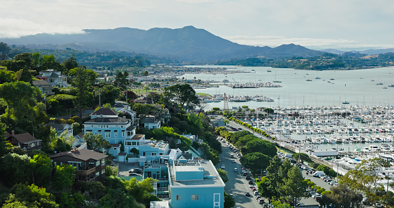 An aerial shot of the Sausalito Yacht Harbor during the day.