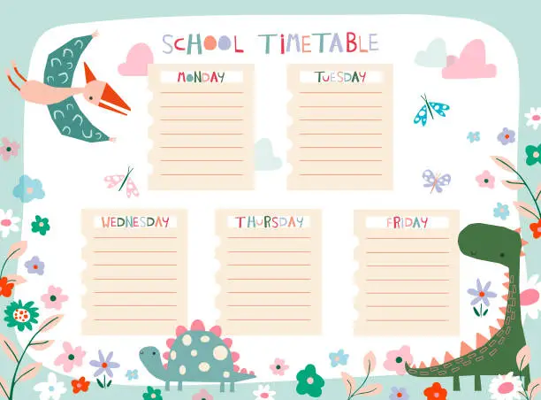 Vector illustration of Dinosaur and flowers in the school timetable, lesson timetable template.