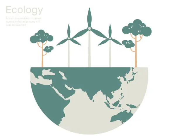 Vector illustration of Wind turbine and tree on earth, Green city life ecology concept. Vector design illustration.