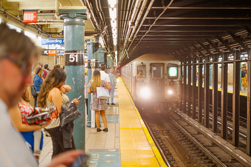 Subway Train Arrives to 51st Street Subway Station, Manhattan, New York City.