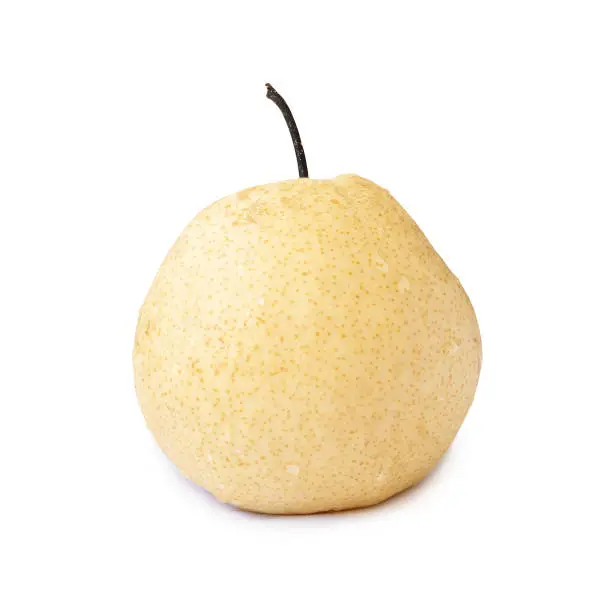 Single fresh yellow Chinese pear is isolated on white background with clipping path