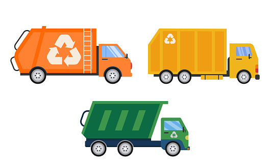 Set Of Recycle Trucks. Orange, Yellow, Green Lorries. Vector Illustration In A Flat Style. Eco Concept
