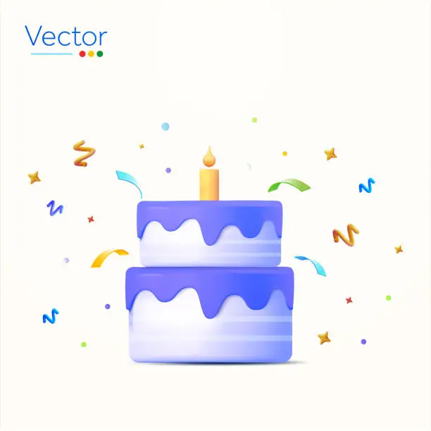 Vector illustration of 3d birthday cake with candle, firework, isolated on white background. Design concept for party, celebration, ceremony, anniversary, surprise. 3d vector illustration.