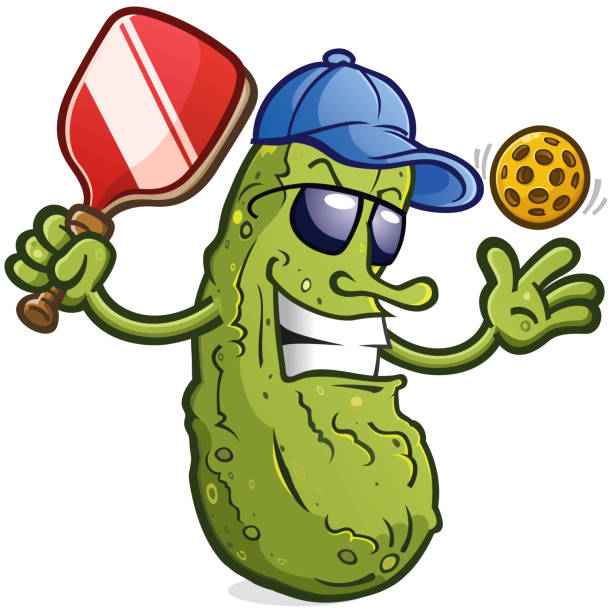 gurkenkarikatur mit haltung, die einen pickleball serviert - pickled stock-grafiken, -clipart, -cartoons und -symbole