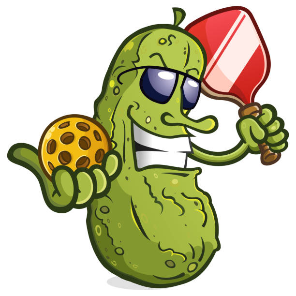 Pickleball Cartoon Character with Attitude and Cool Sunglasses Pickle cartoon mascot with attitude wearing sunglasses ready to serve up an exciting game of pickleball on the courts cartoon of a dill pickle stock illustrations