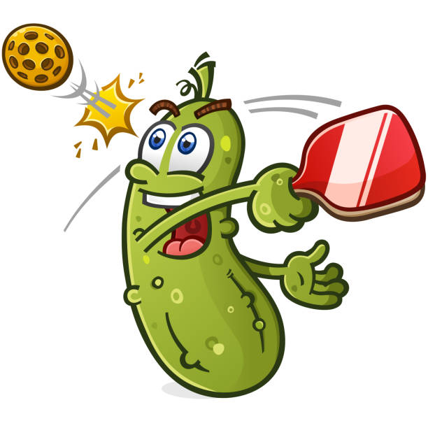 Pickle cartoon swinging and hitting a pickleball with a paddle Pickle cartoon character taking a fast swing and hitting a pickleball over the net while having a great time playing the game cartoon of a dill pickle stock illustrations