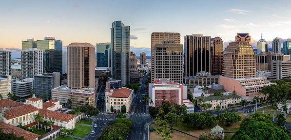 Downtown Honolulu and its financial district at sunrise