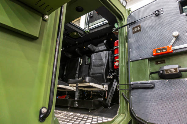 seats for soldiers inside an armored military vehicle - car individuality military 4x4 imagens e fotografias de stock