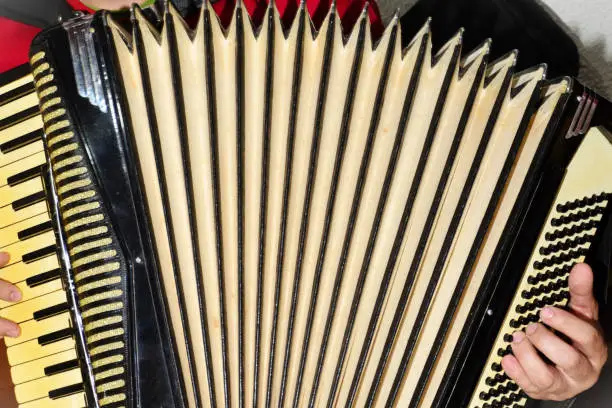Beautiful accordion musical instrument being played at the party and its details