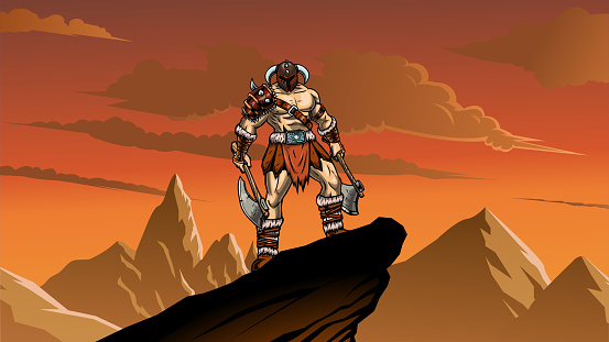 A vector illustration of a dark age barbarian standing on top of a mountain with mountain range in the background. Easy to grab and edit. Wide space available for your copy.