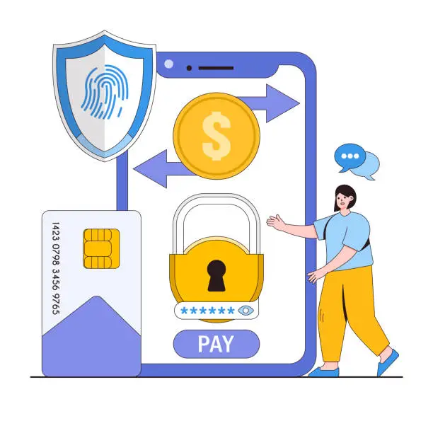 Vector illustration of Secure payment transactions vector illustration concept with characters. Payment gateways, encrypted transactions, fraud prevention. Modern flat style for landing page, web banner, infographics