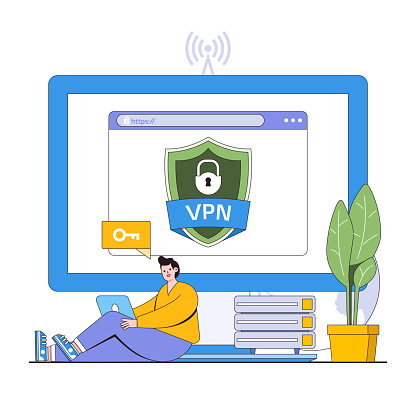 Secure network connection vector illustration concept with characters. Vpn usage, encrypted connection, safe browsing. Modern flat style for landing page, web banner, infographics, hero images.