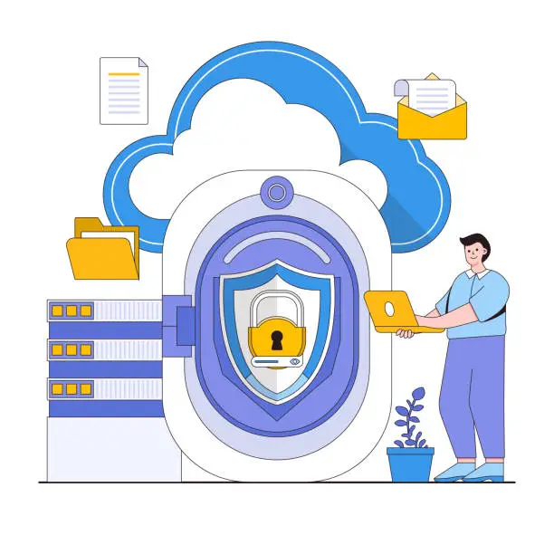 Vector illustration of Secure cloud storage vector illustration concept with characters. Data backup, encrypted cloud storage, data protection in the cloud. Modern flat style for landing page, web banner, infographics