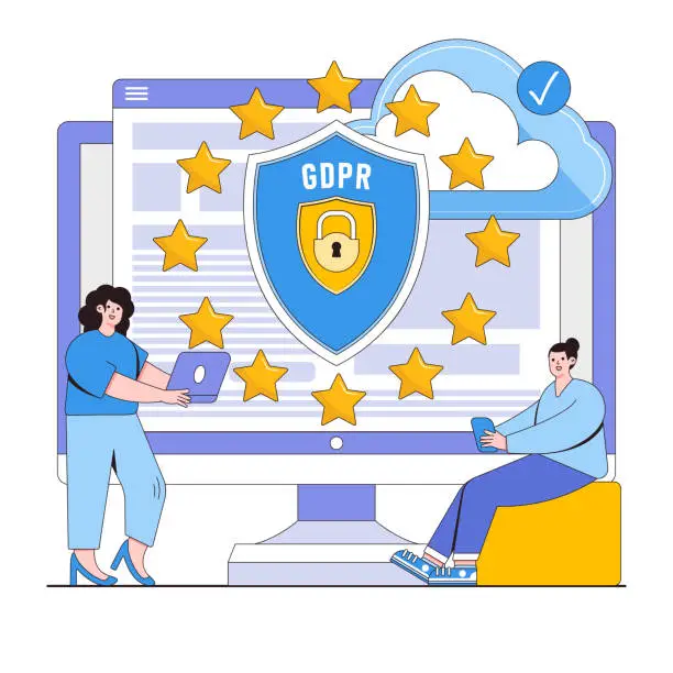 Vector illustration of Data privacy compliance vector illustration concept with characters. Gdpr compliance, data protection regulations, user privacy rights. Modern flat style for landing page, web banner, infographics