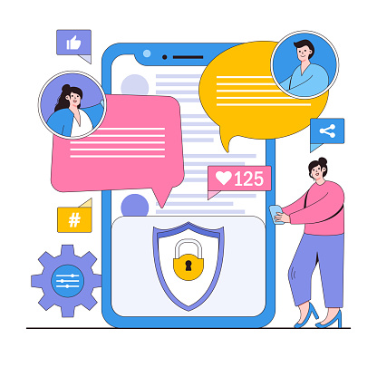 Safe social media usage vector illustration concept with characters. Privacy settings, secure sharing, social media safety. Modern flat style for landing page, web banner, infographics, hero images.