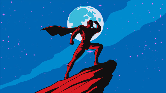 A retro art deco style vector illustration of a superhero standing on a rock while looking at far away with his hand. Night sky in the background. Easy to grab and edit. Wide space available for your copy.
