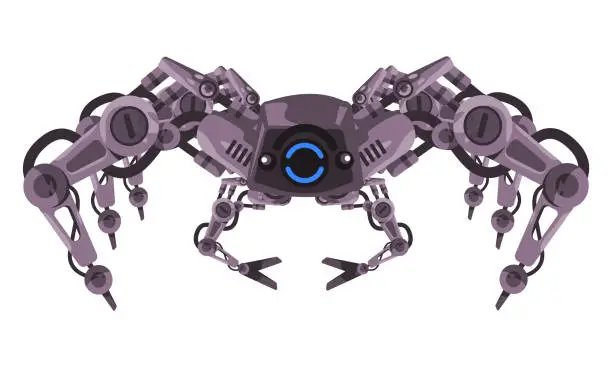 Vector illustration of Robot spider mecha robotic mechanical arm tarantula crawling spy military bot