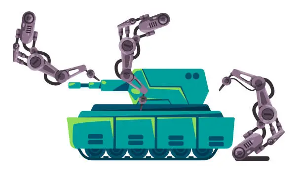Vector illustration of Tank military vehicle mechanical arm robotic line production manufacturing process automation