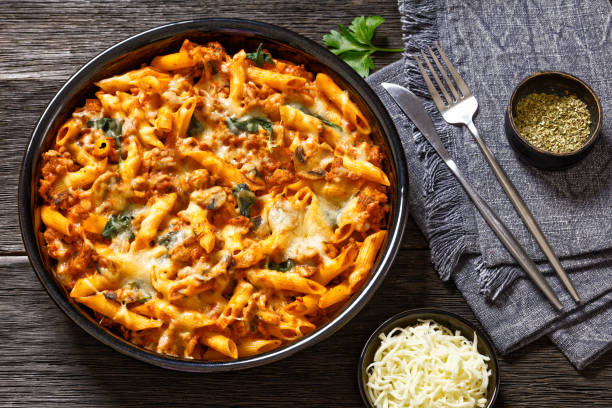 istock Ground Chicken Pasta Bake in baking dish, top view 1499113962