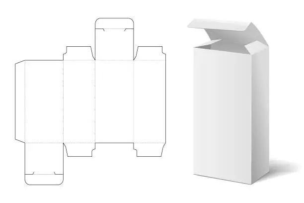 Vector illustration of An empty mockup of box die cut paper carton packaging layout with blueprint. 3D dummy container mockup of tall vertical food, medical pack. Vector cardboard packaging template for branding. Mock-up.