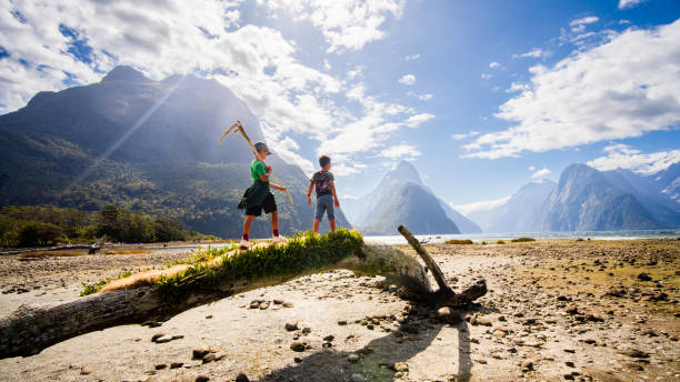 The Way Forward. Kids enjoying outdoor walking and balancing on the log, adventure concept in Milford sounds , New Zealand. mitre peak stock pictures, royalty-free photos & images