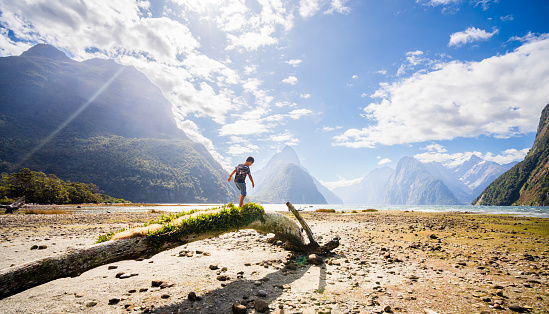 Kid enjoying outdoor walking and balancing on the log, in Milford sounds , New Zealand.