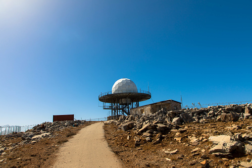 Nice view of the radar station on Attavyros mountain.\nRhodes island, Greece.