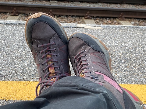 Hiking shoes on the platform