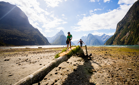 Kids enjoying outdoor walking and balancing on the log, adventure concept in Milford sounds , New Zealand.
