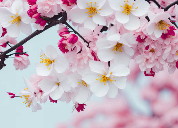 Cherry blossom background, Blurred pastel pink tone,  there is an area for text in the corners of the picture. Generative AI.