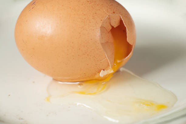 istock broken raw chicken egg brown lies on a plate close up 1499120354