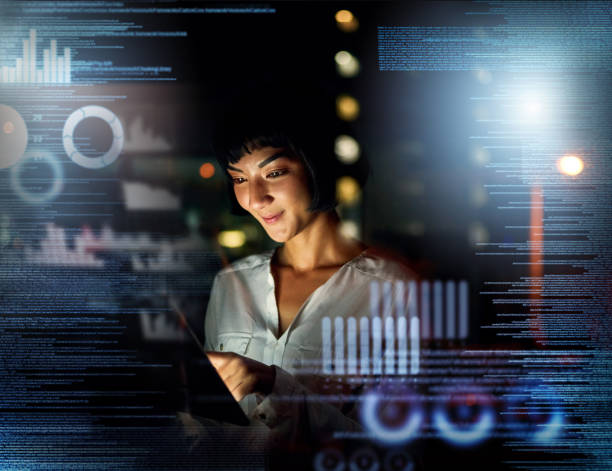 istock Overlay, analytics and information technology with a woman programmer working in a dark office for cyber security. Data, software or 3d with a female employee using a ux interface for finance trading 1499121678