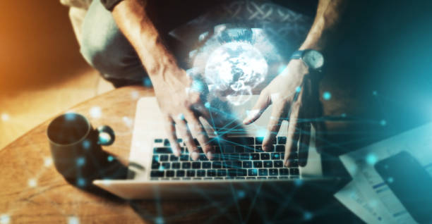 istock Hands, laptop and digital marketing, networking or global cybersecurity for trading, IoT or future technology at desk. Hand of person typing on computer above for online search, big data or fintech 1499122908