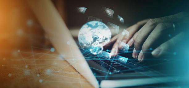 istock Closeup typing, overlay and computer in night for planning, big data and information technology in futuristic office. Tech woman hands, pc and 3d holographic ui for innovation, cybersecurity and goal 1499122915