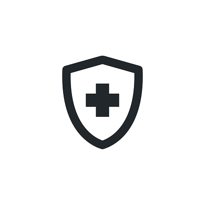 flat vector image on white background, shield icon with cross, healthcare and medicine