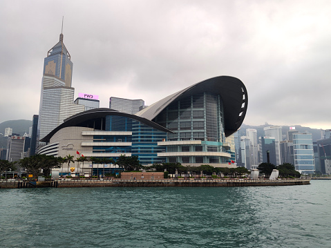 View of the Hong Kong Convention and Exhibition Centre, on Victoria Harbour, Wan Chai district, Hong Kong Island.