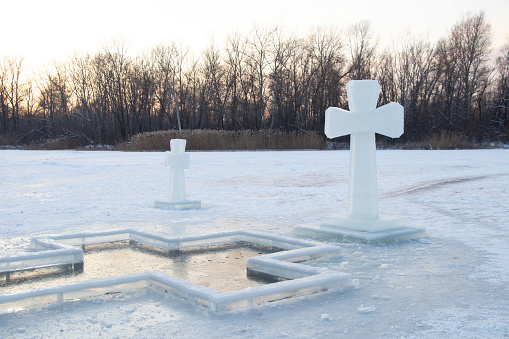 ice cross on the Dnieper river in Ukraine in the Dnieper city on the river, faith, religion, annual tradition