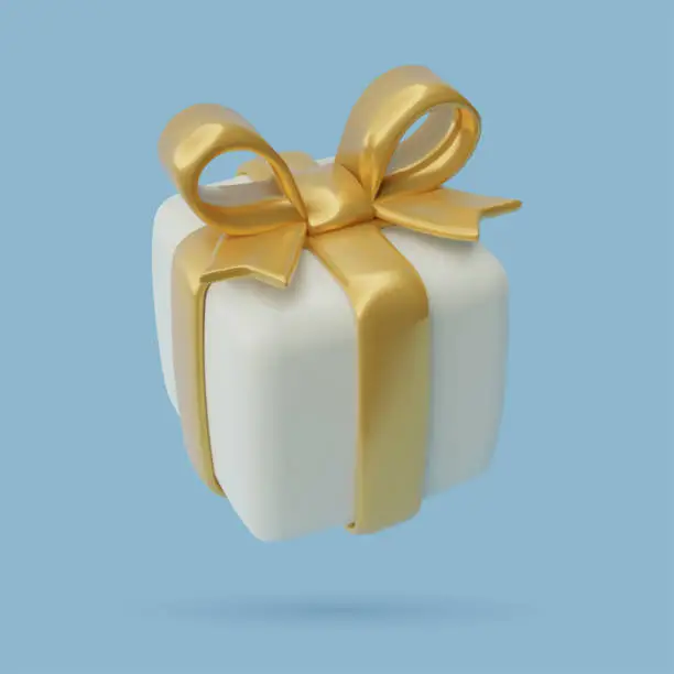 Vector illustration of 3d cute white gift box with golden ribbon and a big bow