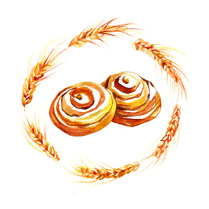 Hand Drawn Roll with cinnamon, watercolor style, Illustration For Food Design.