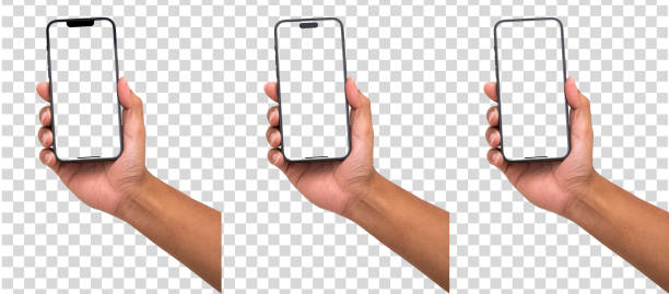 Hand holding the black smart phone with blank screen and modern frameless design in two rotated perspective positions - isolated on white background - Clipping Path
