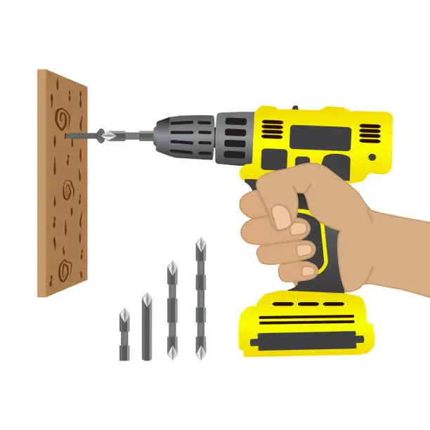 Vector illustration of Electric screwdriver in hand. Battery screwdriver or drill. Home renovation equipment. Tools of the handyman.