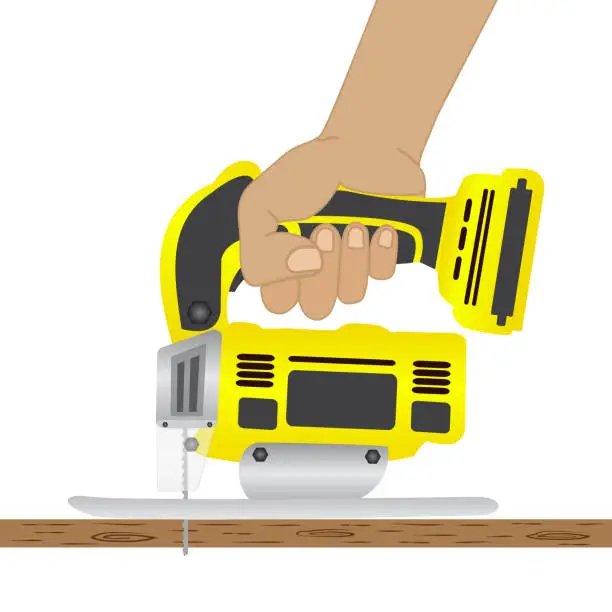 Vector illustration of close up Carpenter is sawing a plywood sheet with jigsaw machine. style cartoon Side view. Vector illustration EPS 10.