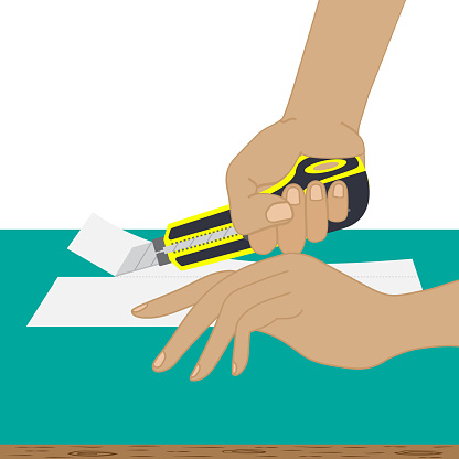 Hand holding a cutter and cutting paper, Vector illustration EPS 10.